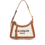 Balmain B-Army canvas shoulder bag with beige zip, detachable handle, and front embroidered logo.