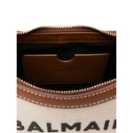 Interior view of Balmain B-Army canvas shoulder bag, featuring beige top zip and main compartment with leather pocket detail.