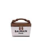 Balmain B-army Vanity Handbag in canvas and leather with top handle and zipper closure, featuring embroidered monogram on front.