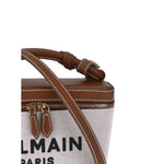 Balmain B-army Vanity Handbag showcasing leather detail, monogram, and zipper closure.