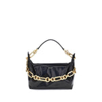 Balmain Sync Shoulder Bag with gold chain and leather handle, luxurious leather texture, and distinctive press-stamped monogram.