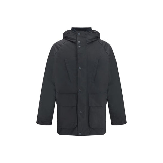 Barbour International Black Cotton Parka with adjustable hood and front pockets, ideal for cold weather.