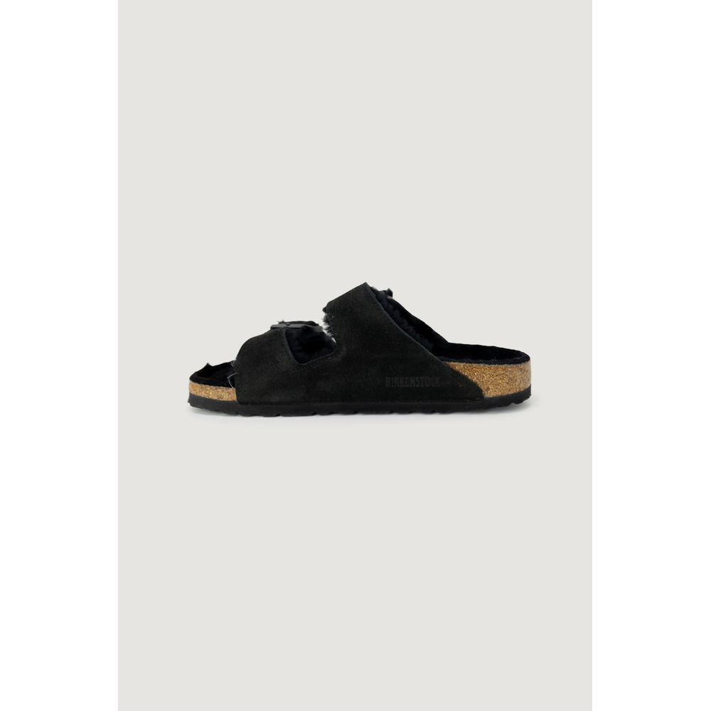 Birkenstock Black Suede Leather Slippers with shearling lining and double strap design for women, model 752663, side view.