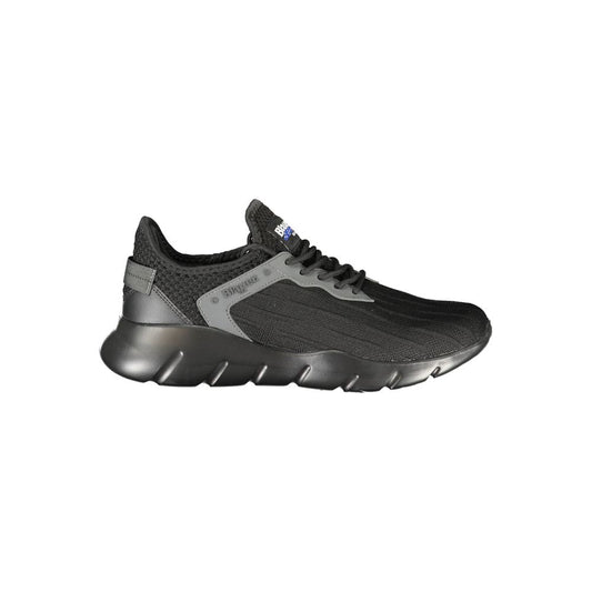 Blauer Black Polyester Men Sneaker with bold design and Blauer logo, engineered for style and comfort, made from polyester and polyethylene.