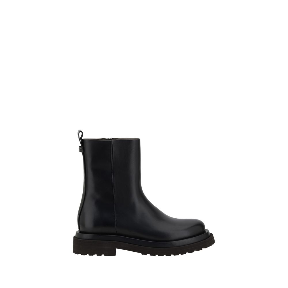 Alt Tag: Brunello Cucinelli Black Calf Leather Bos Taurus Ankle Boots showcasing polished leather with round toe and block heel.