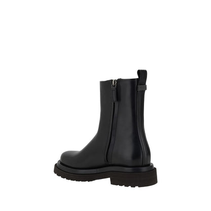 Brunello Cucinelli Black Calf Leather Bos Taurus Ankle Boots side view with stretch-fabric side bands and pull-on back design.