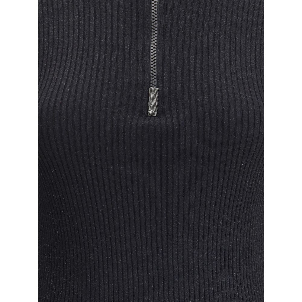 Close-up of Brunello Cucinelli Black Cashmere Sweatshirt with ribbed knit, subtle glitter thread, and front zipper, AW25.