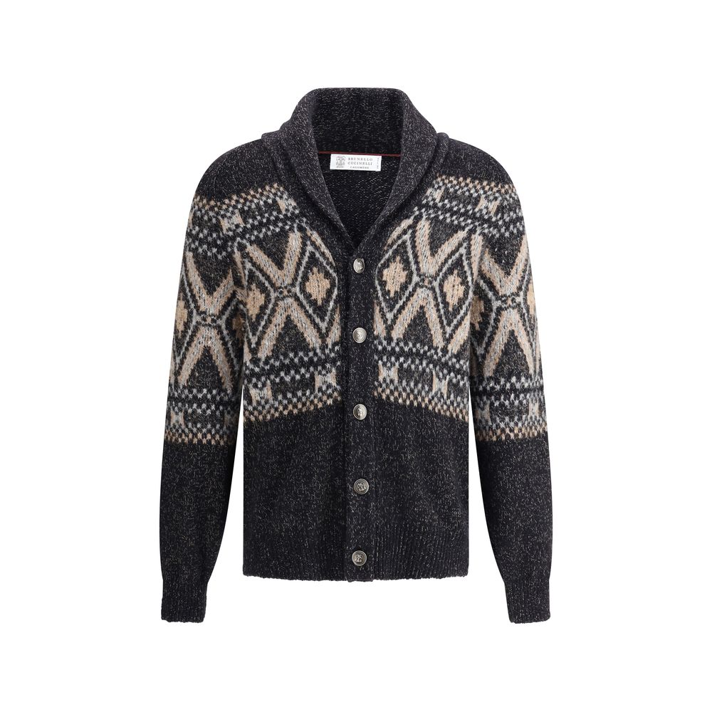 Brunello Cucinelli Black Fleece Wool Sweatshirt with diamond-patterned knit design and shawl lapel.