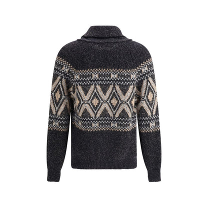 Brunello Cucinelli Black Fleece Wool Sweatshirt with diamond-patterned knit and shawl lapel, featuring ribbed cuffs and hem.