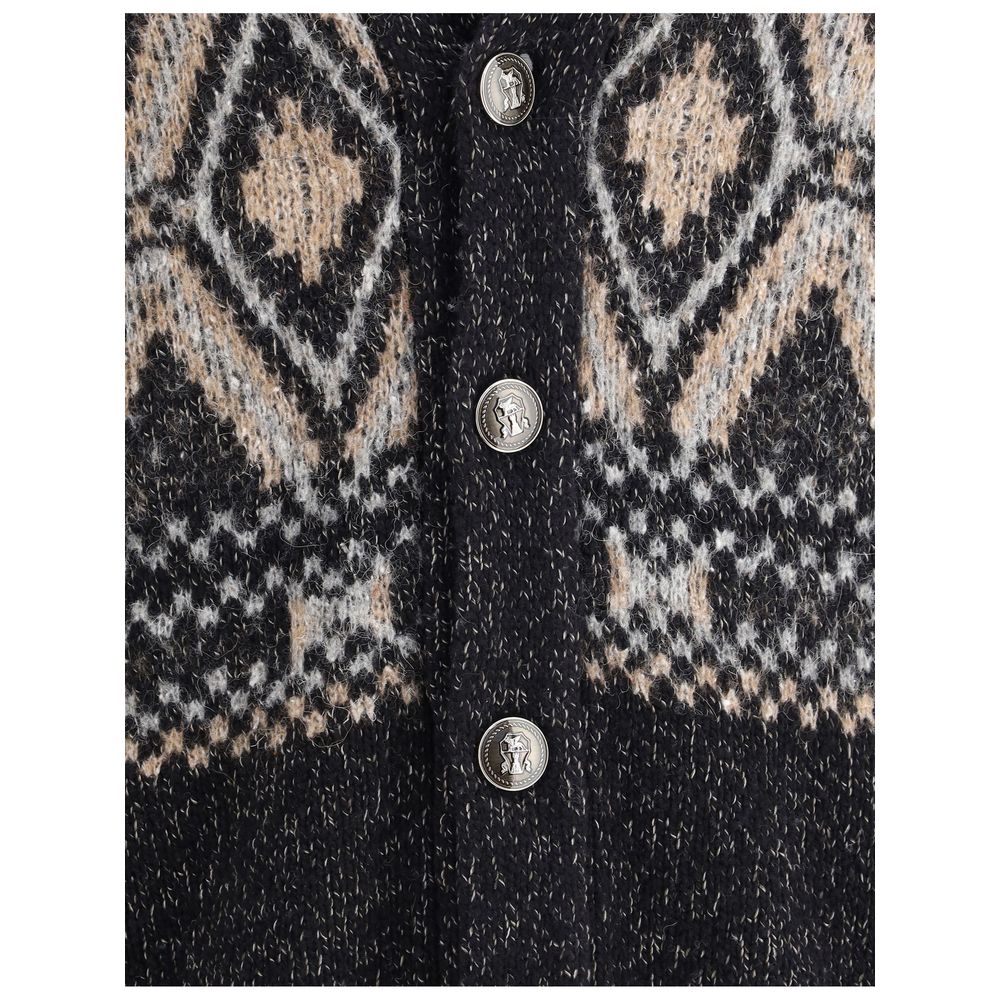 Brunello Cucinelli Black Fleece Wool Sweatshirt with diamond-patterned knit and grooved buttons, showcasing elegant wool design.