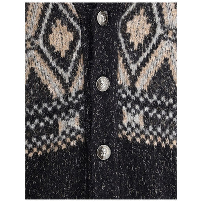 Brunello Cucinelli Black Fleece Wool Sweatshirt with diamond-patterned knit and grooved buttons, showcasing elegant wool design.