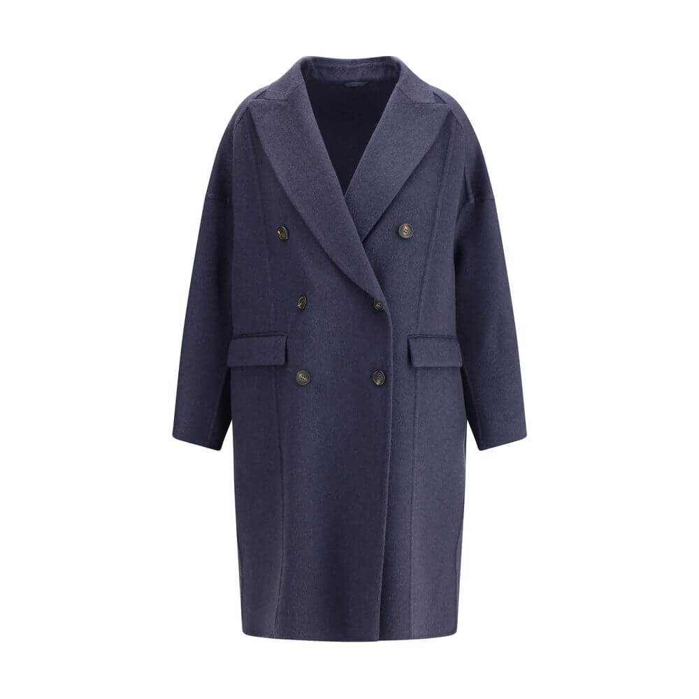 Brunello Cucinelli Blue Cashmere Coat with peaked lapel and double-breasted closure, featuring welt flap pockets, for AW25.