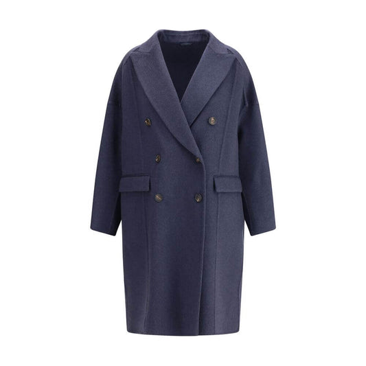 Brunello Cucinelli Blue Cashmere Coat with peaked lapel and double-breasted closure, featuring welt flap pockets, for AW25.