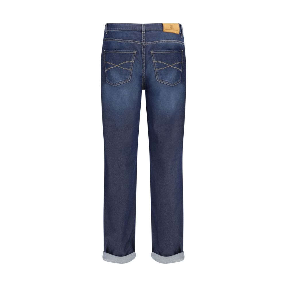 Brunello Cucinelli Blue Cotton Relaxed Fit Jeans with leather patch and turn-up hem, back view, classic five-pocket style.