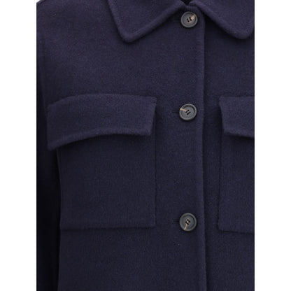 Close-up of Brunello Cucinelli Blue Fleece Wool Coat, featuring classic collar and front patch pockets.