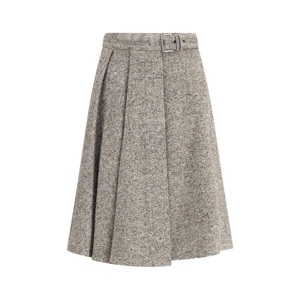 Brunello Cucinelli Brown Fleece Wool Midi Skirt with buckled belt and pleats for sophisticated elegance.