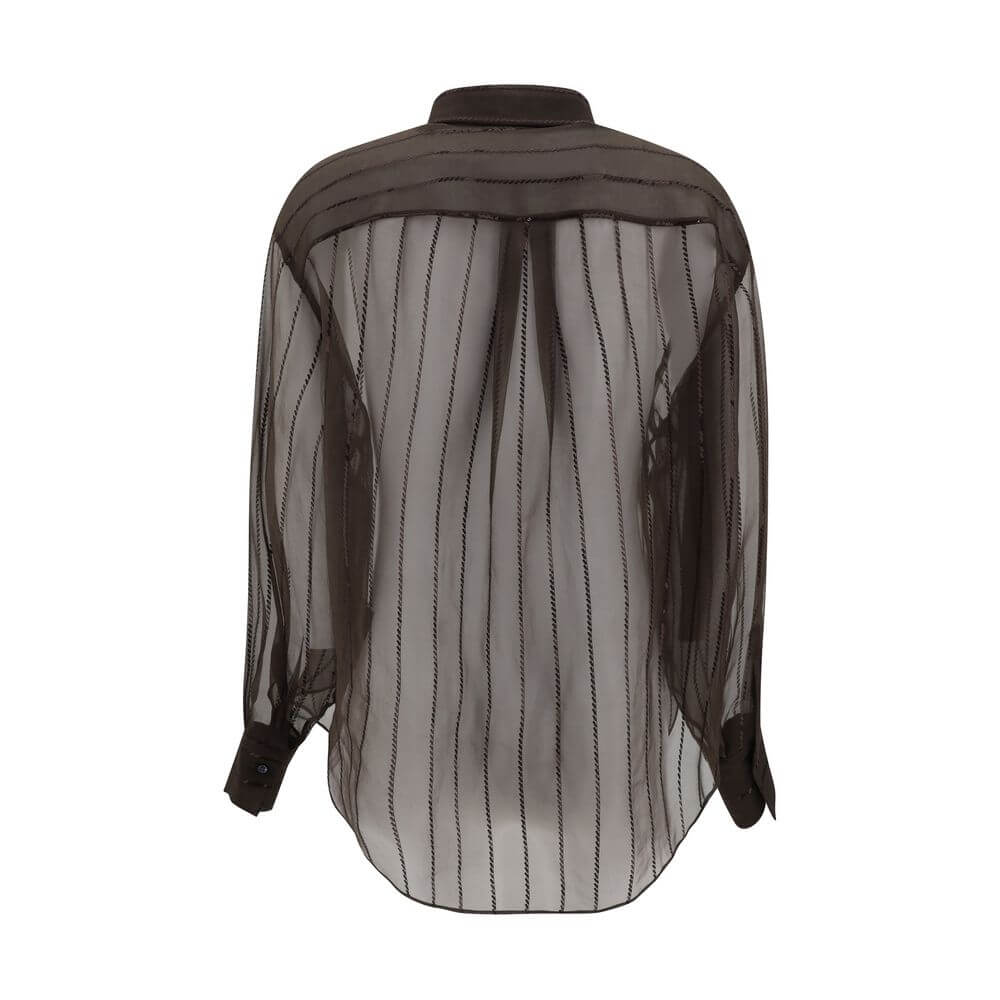 Brunello Cucinelli Brown Silk Blouse with semi-transparent design and sequined embellishments, showing back view.