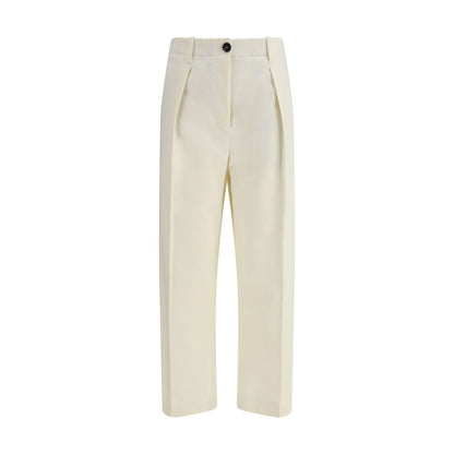 Brunello Cucinelli Cream Cotton Casual Pants, straight leg, zipper-and-button closure, belt loops at waist, 100% cotton.