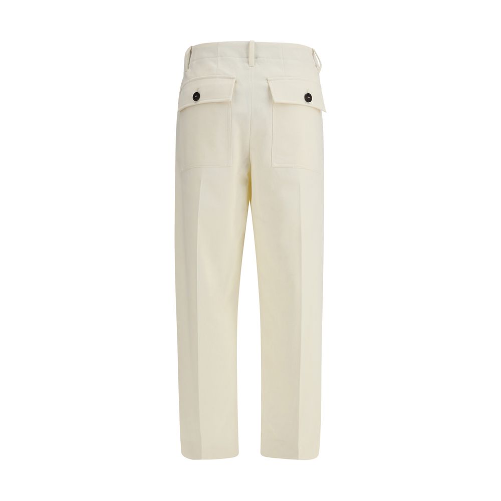 Back view of Brunello Cucinelli Cream Cotton Casual Pants with straight leg design and button pockets.