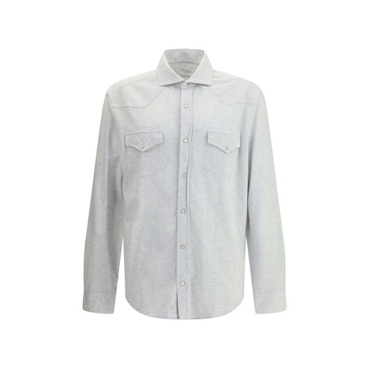 Alt Tag: Brunello Cucinelli Gray Cotton Shirt, knit style with snap buttons, classic collar, and front patch pockets, elegant and comfortable.