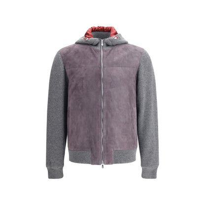 Brunello Cucinelli Gray Wool Jackets And Coat with suede yoke and English rib knit, featuring zipper closure and adjustable hood.