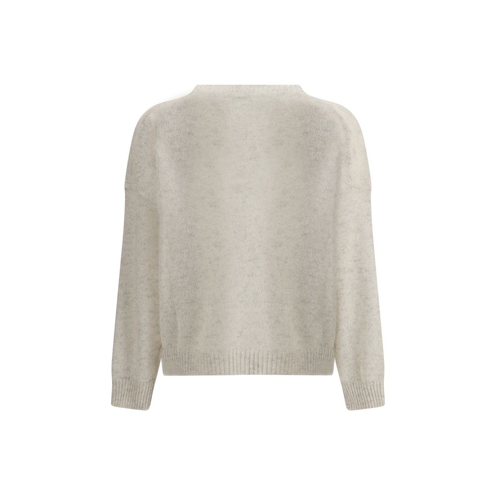 Brunello Cucinelli Lurex effect Sweater with ribbed crew neck, cuffs, and hem shown in light color, offering elegance and comfort.