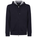 Brunello Cucinelli Sweaters Blue cotton blend hoodie with a jersey texture, drawstring hood, long sleeves, and two-way zip fastening.