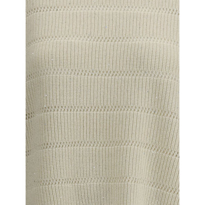 Close-up of Brunello Cucinelli White Cashmere Cashmere Sweater with ribbed knit texture and contemporary design.