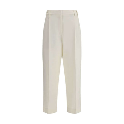 Brunello Cucinelli White Cotton Chino Pants with cropped ankle and straight leg design, featuring tailored front pleats, AW25 collection.