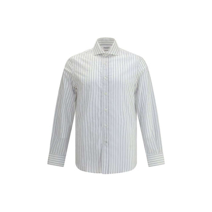 Brunello Cucinelli White Cotton Pattern Shirt with classic collar and button closure, featuring elegant striped design for refined style.