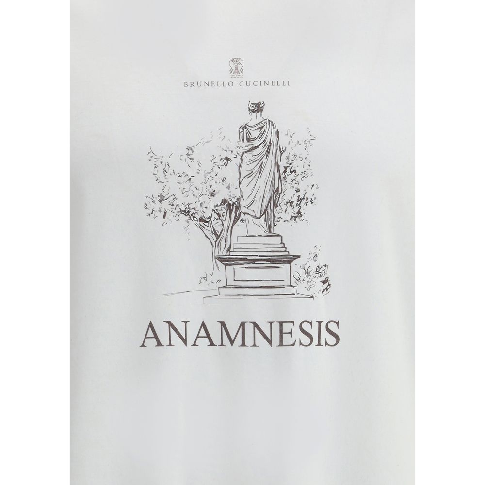 Brunello Cucinelli White Cotton T-Shirt with iconic monogram and maxi print, featuring "ANAMNESIS" design on the front, AW25 collection.