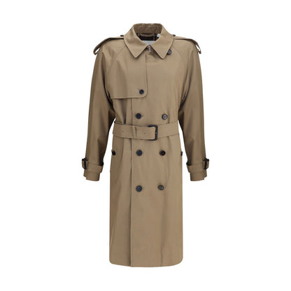 Burberry Beige Cotton Trench Coat with double-breasted button closure and belt featuring a B-shaped buckle.