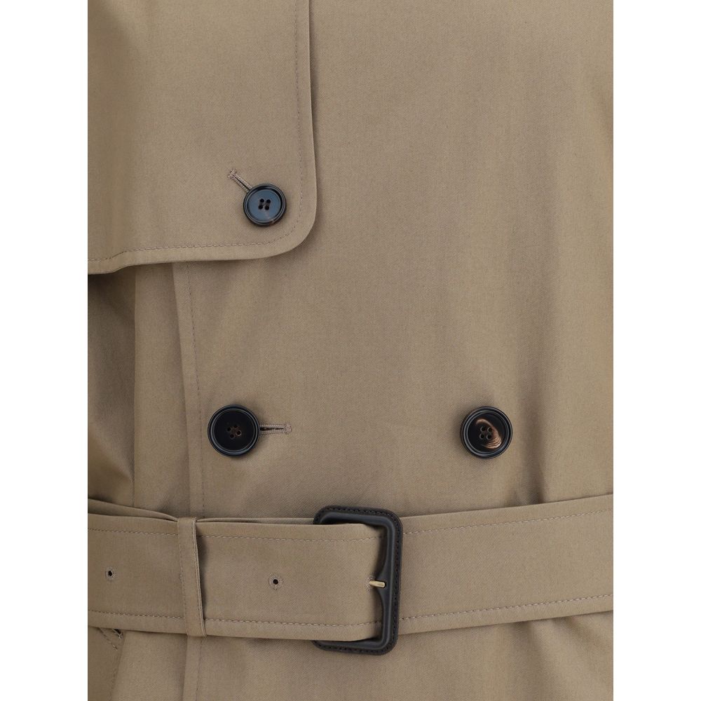 Close-up of Burberry Beige Cotton Trench Coat showing button details and belt with B-shaped buckle.
