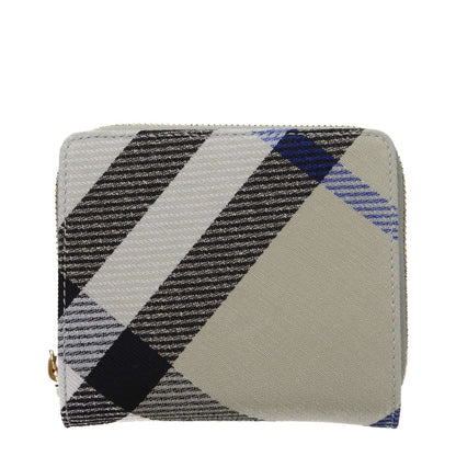 Burberry Beige Fabric Wallet with signature check pattern, button closure, card holder, and coin holder, ideal for casual style.