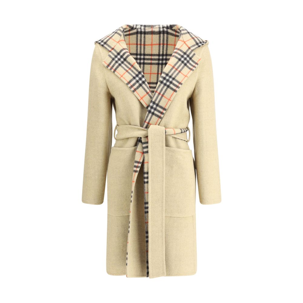 Burberry Beige Wool Coat, reversible with Burberry Check pattern, featuring a hood, detachable belt, and wrap-around closure.