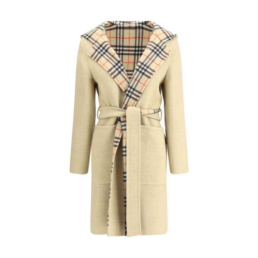 Burberry Beige Wool Coat with reversible check pattern, hood, detachable belt, and wrap-around closure for stylish comfort.