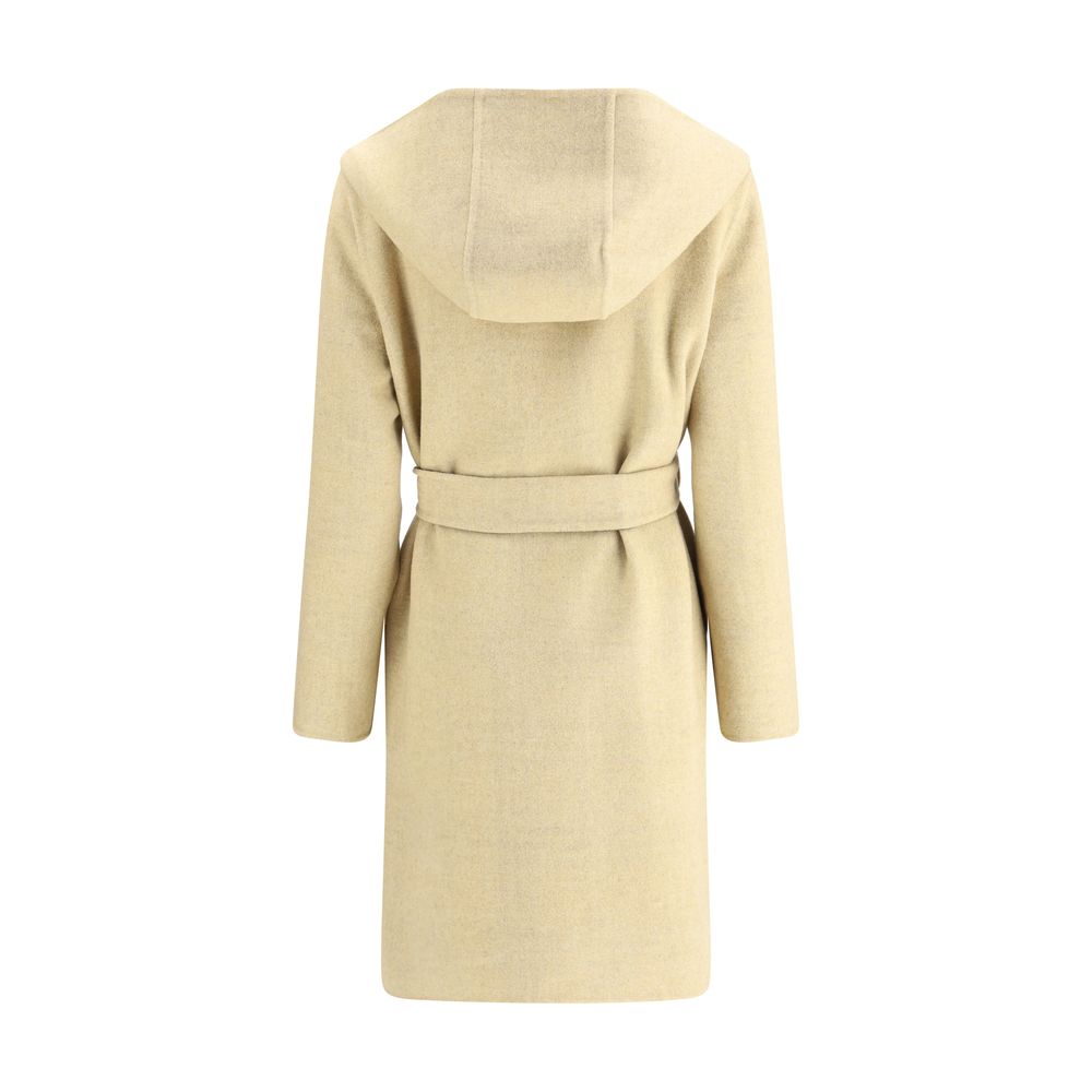 Back view of Burberry Beige Wool Coat with detachable belt and hood.