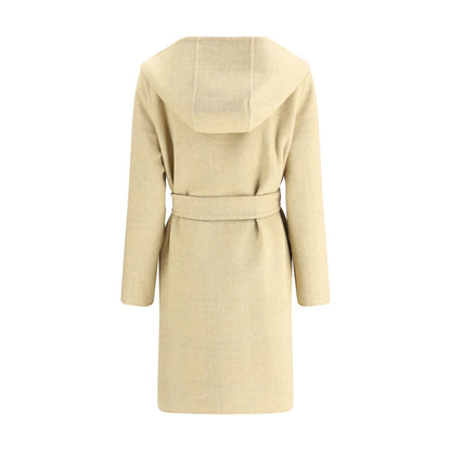Back view of Burberry Beige Wool Coat with detachable belt and hood.