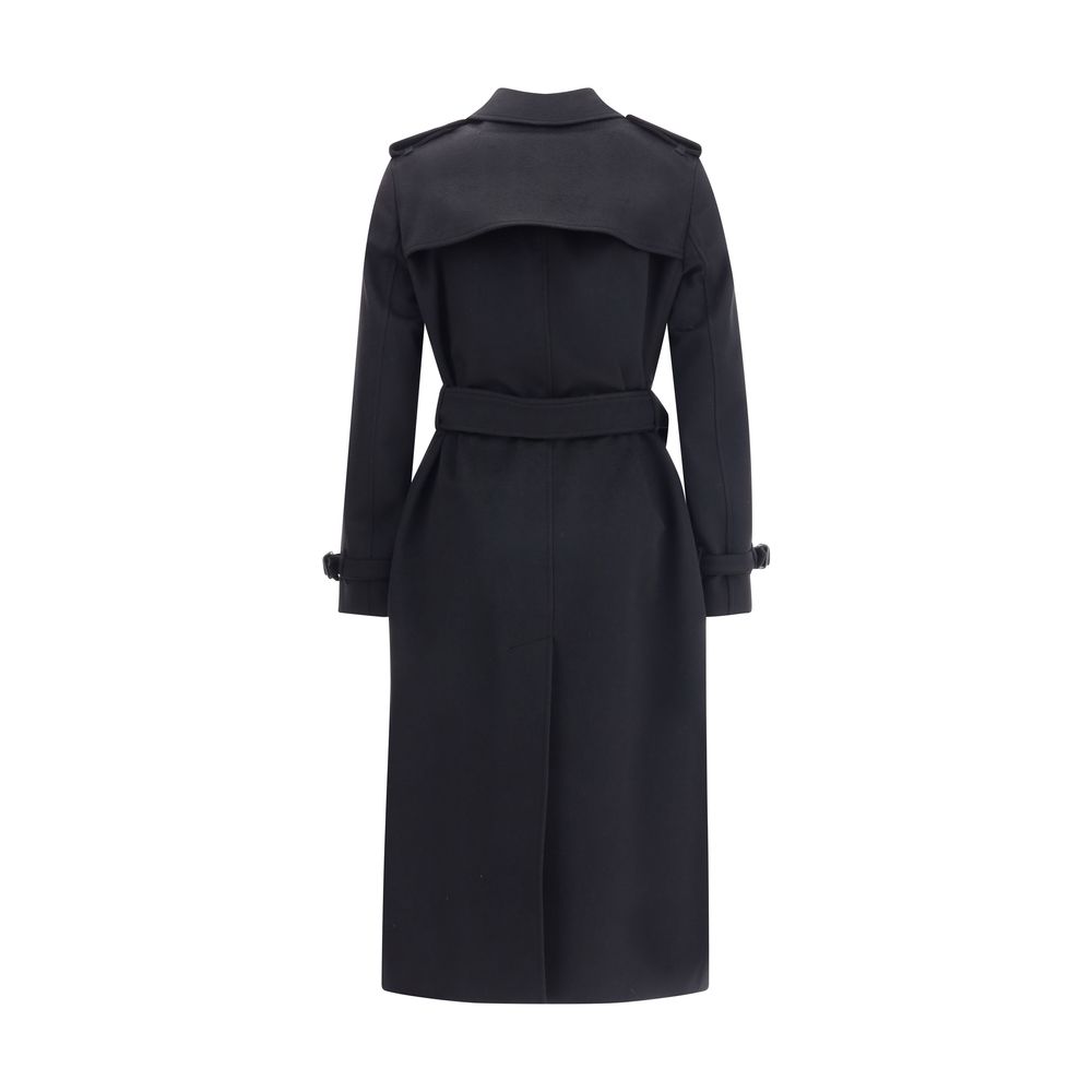 Back view of Burberry Black Cashmere Coat featuring double-breasted design with waist belt, epaulettes, and iconic Burberry Check undercollar.