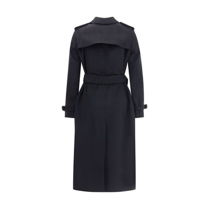 Back view of Burberry Black Cashmere Coat featuring double-breasted design with waist belt, epaulettes, and iconic Burberry Check undercollar.