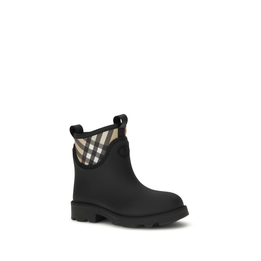 Burberry Black Rubber Ankle Boots with Equestrian Knight Design, check pattern detail, perfect for rainy days. Season: AW25.