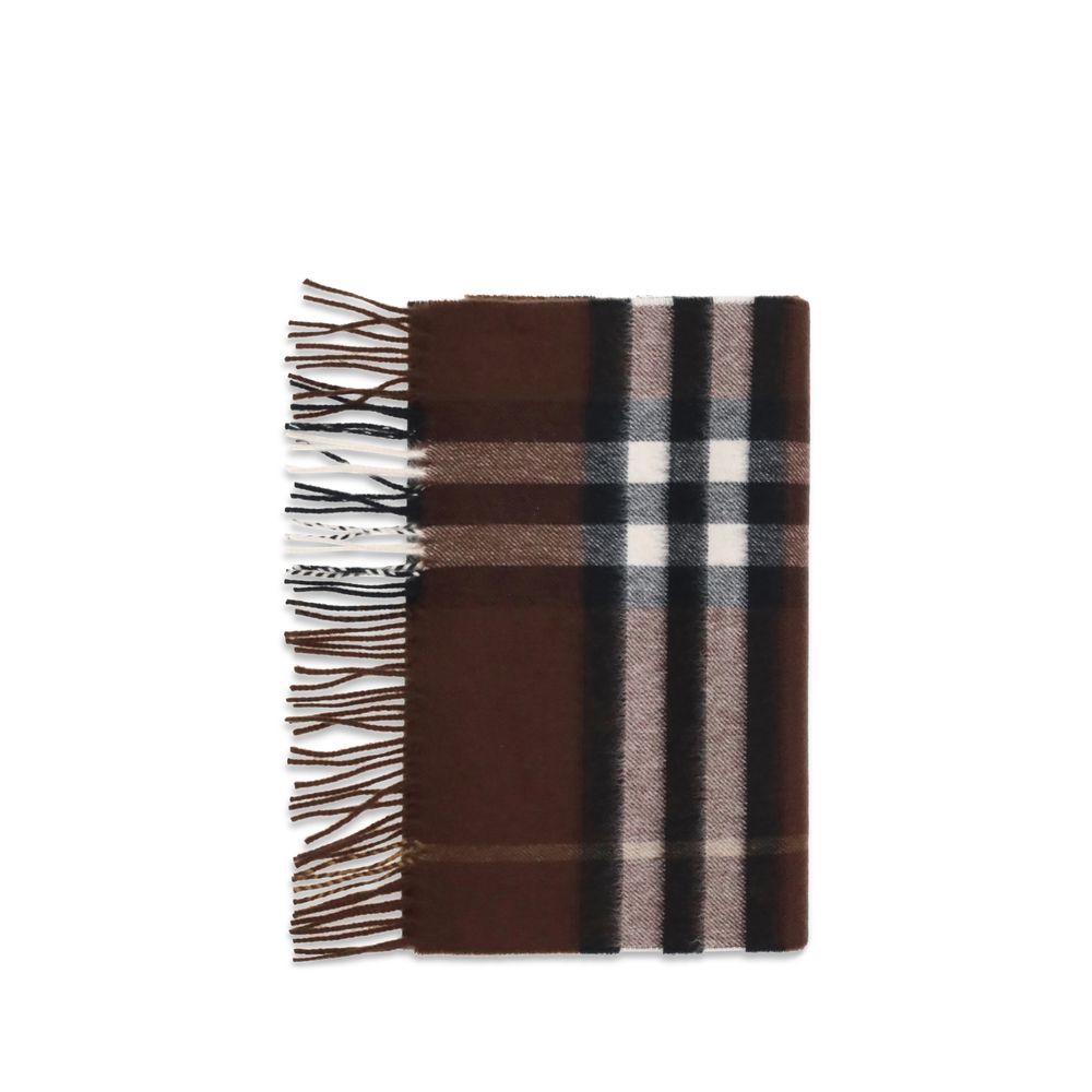 Alt Tag: Burberry Brown Cashmere Scarf with check pattern and fringe ends, elegant and timeless accessory, 168x168 dimensions, 100% cashmere.