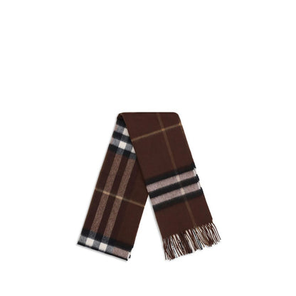 Burberry Brown Cashmere Scarf featuring classic check pattern and fringed ends, 100% Kashmir, timeless accessory for autumn-winter season.