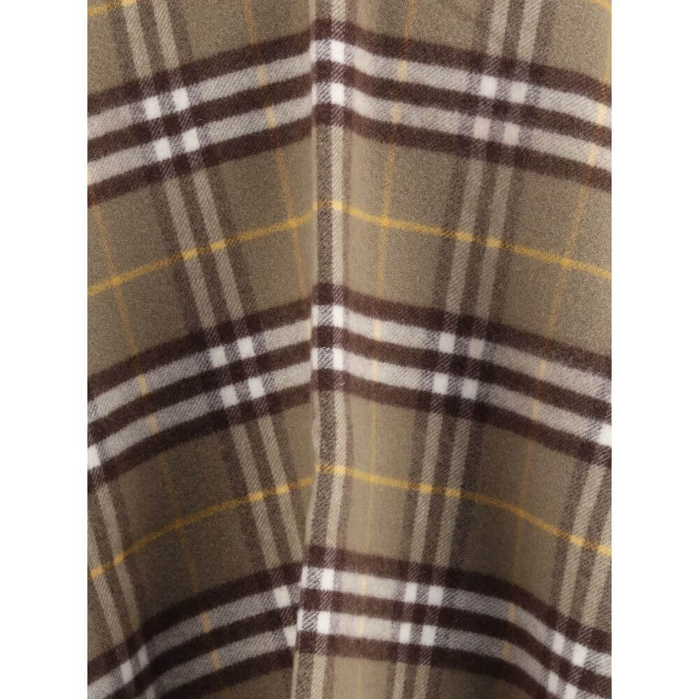 Burberry Brown Wool Coat with iconic Burberry Check motif, crafted from a wool-cashmere blend, showcasing fringed ends and double-faced finish.
