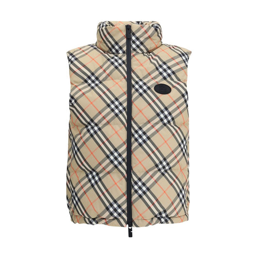 Burberry Multicolor Polyester Sleveless Jacket with check design, featuring silicone applique and zippered pockets, elegant outerwear.
