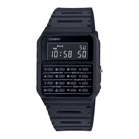 CASIO VINTAGE Mod. CALCULATOR EDGY COLLECTION - FULL BLACK wristwatch with resin case and strap, mineral dial, and multifunction Quartz movement.