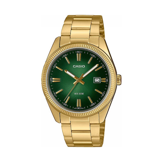 CASIO COLLECTION Mod. DATE, GOLD - GREEN wristwatch with gold stainless steel strap and green dial, water resistant 5 ATM.