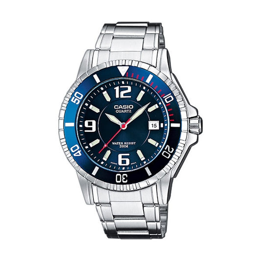 CASIO COLLECTION Mod. DIVER 200m NEOBRITE - BLUE wristwatch with stainless steel bracelet and 20 ATM water resistance.