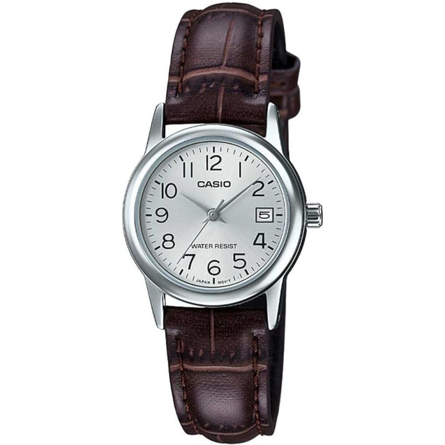 CASIO COLLECTION Mod. LADY DATE SILVER. LEATHER - ARGENTEE, lady's wristwatch with brown leather strap and silver dial.