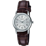 CASIO COLLECTION Mod. LADY DATE SILVER. LEATHER - ARGENTEE, lady's wristwatch with brown leather strap and silver dial.
